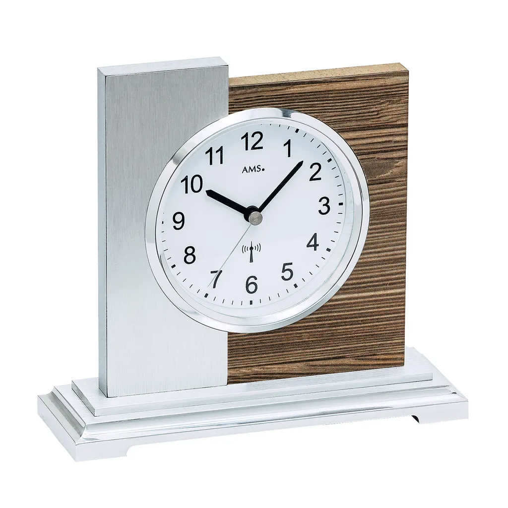 Horloge radio-pilotée AMS 5149 design moderne noyer argent aluminium