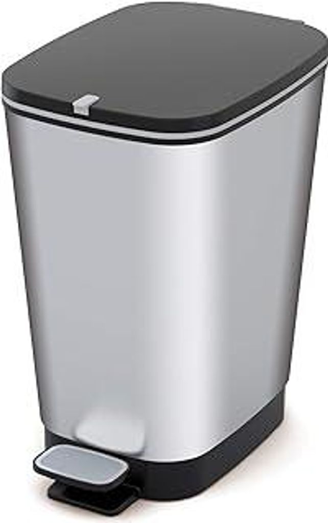 CURVER KIS Chic Bin Style Treteimer 45l mit Deckel und Pedal, Müllbeutelaufhängung, Silber metallic, 29 x44,5 x 60,5 cm