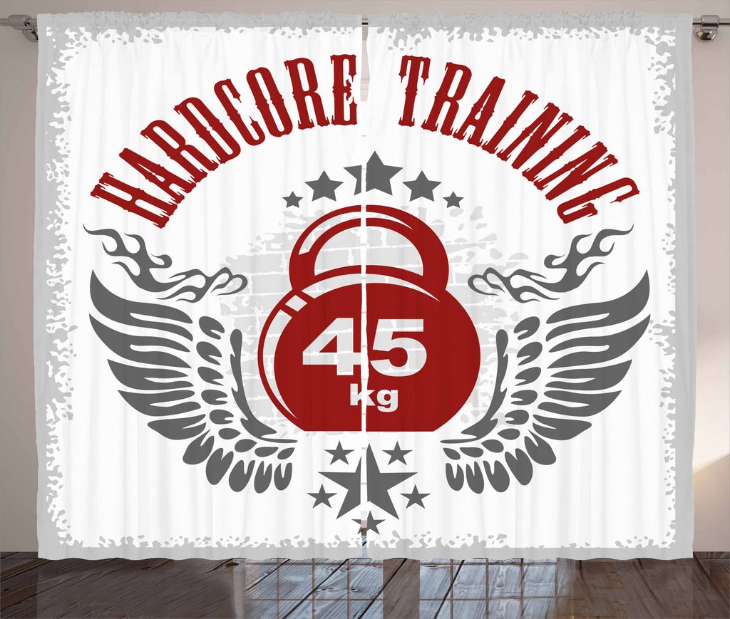 ABAKUHAUS Fitness Rustikaler Vorhang, Vintage Gym Emblem, Wohnzimmer Universalband Gardinen mit Schlaufen und Haken, 280 x 175 cm, Weiß Grau Rot