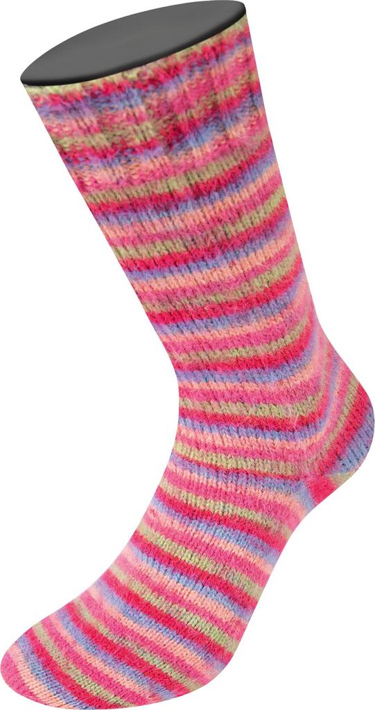 Lana Grossa Meilenweit 100 g COSY SOCKS Multi Stripes 400 m Flauschige Merino-Sockenwolle Farbe 152 - Tulpenrot/Veilchenblau/Lachsrosa/Pink/Hellg...