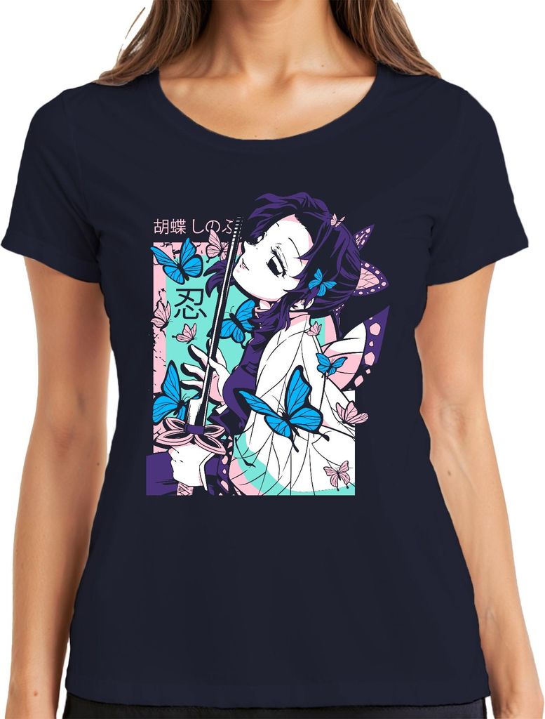 Demon Slayer 胡蝶しのぶ Shinobu Kocho Schmetterling Katana Anime Damen T-Shirt, Navy, M