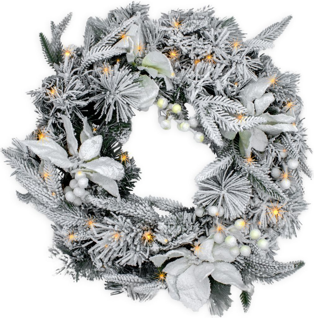 Couronne de sapin avec neige et fleurs blanches - illuminée Image du produit 