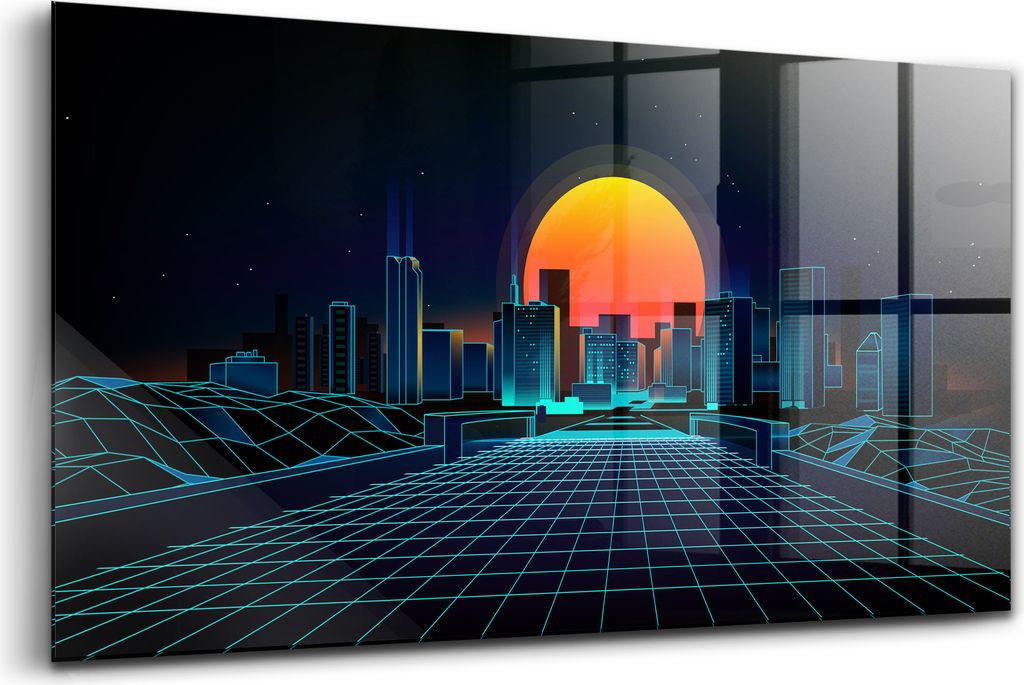 120x60 - Wandmalerei auf Glas- Wanddekoration aus Glas - Cyberspace Stadt