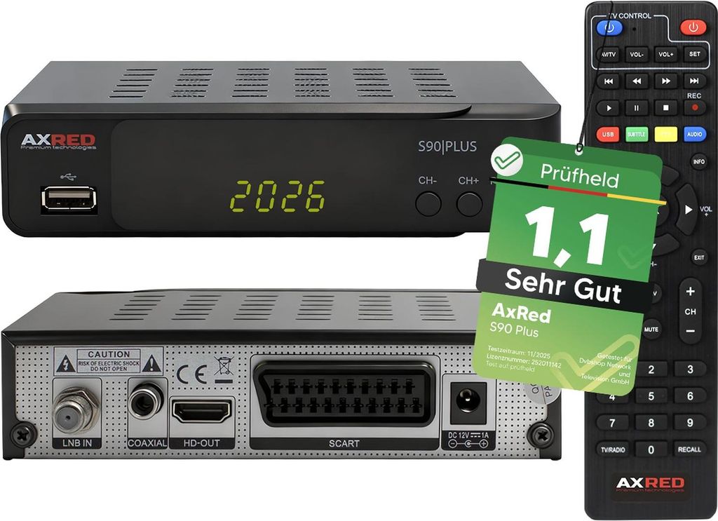 AXRED S90 Plus Sat Receiver mit Aufnahmefunktion, HD fähig, Full HD, Digital Sat-Receiver für Satellitenschüssel Satelliten Satellit TV Fernsehe...