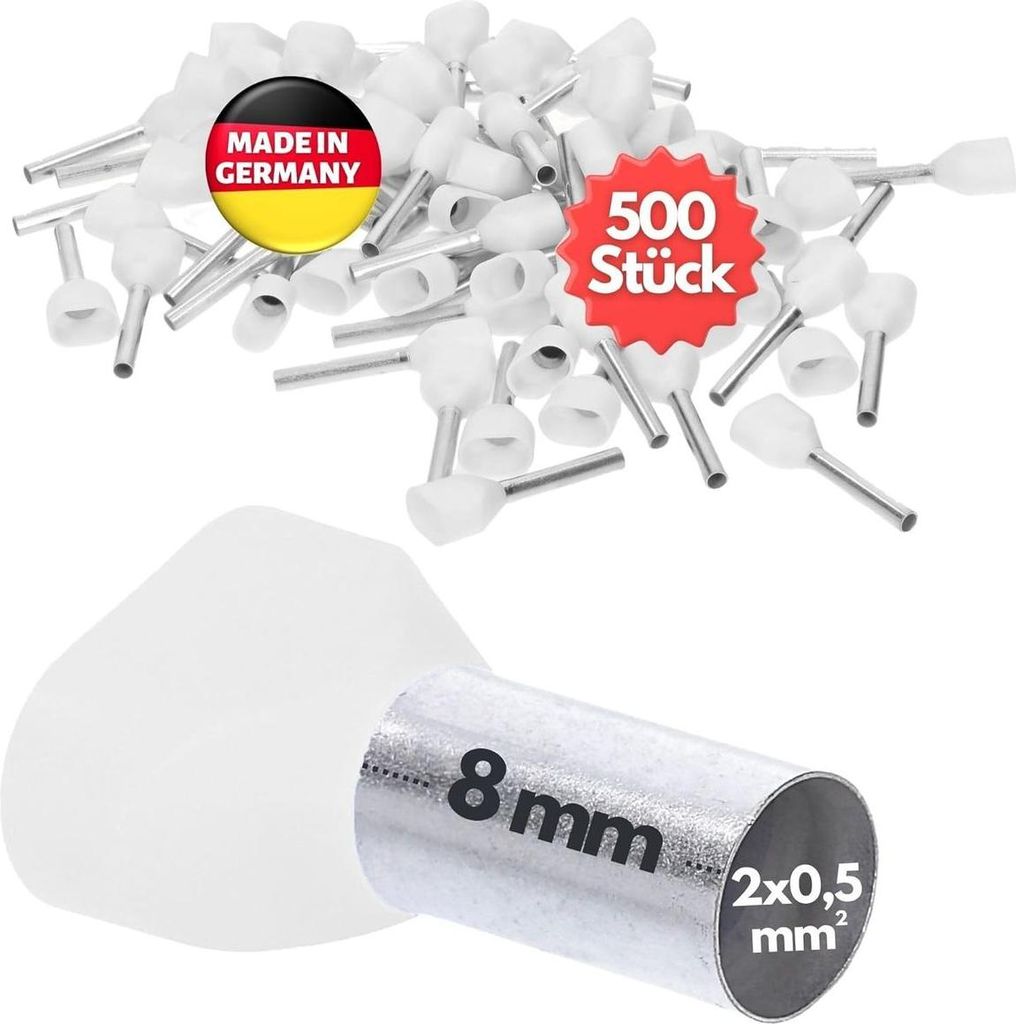 500 Stück Kalitec AET0508WS Zwillingsaderendhülsen isoliert 2x0,5mm² 8mm lang weiß I Germany I Industriequalität