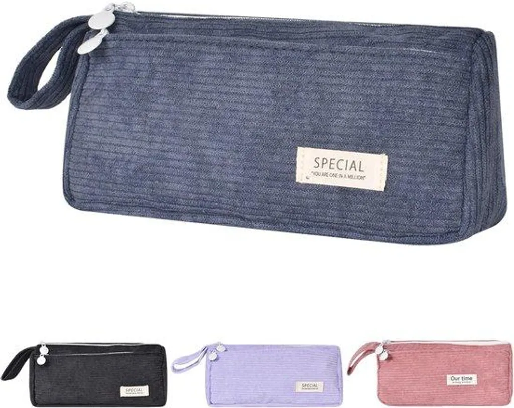 Trousse en velours côtelé bleu marine pour fournitures scolaires