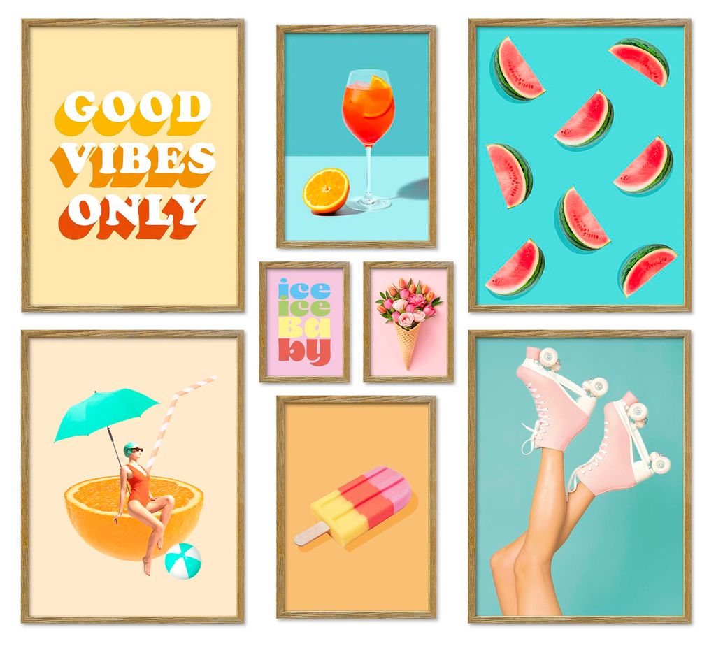 ARTFAVES Poster Set - Dopamine Summer I mehrteilige Bilderwand für Wohnzimmer, Schlafzimmer I Wandbilder Sommer I mit Rahmen Eiche-Optik