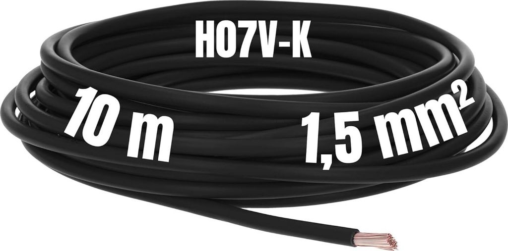 Kalitec 10 Meter H07V-K 1,5 mm² schwarz Verdrahtungsleitung I Aderleitung flexibel I PVC Einzelader I Litze 1,5mm2 I Verdrahtung feindrätig I Ein...