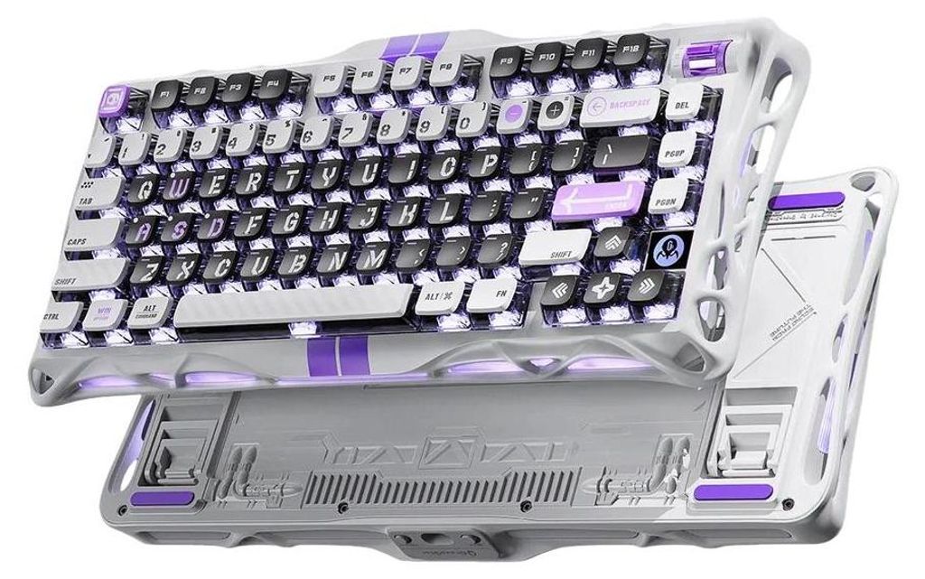 A white mechanical keyboard with purple accents and RGB lighting, shown from a diagonal angle, with its underside also visible.