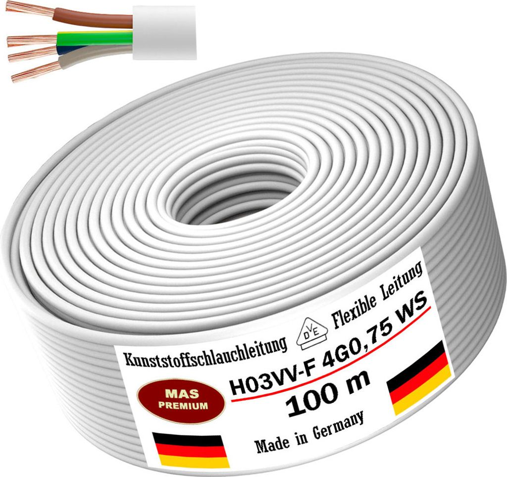 100m Kunststoffschlauchleitung H03VV-F 4G0,75 Weiß Flexible Produktbild 