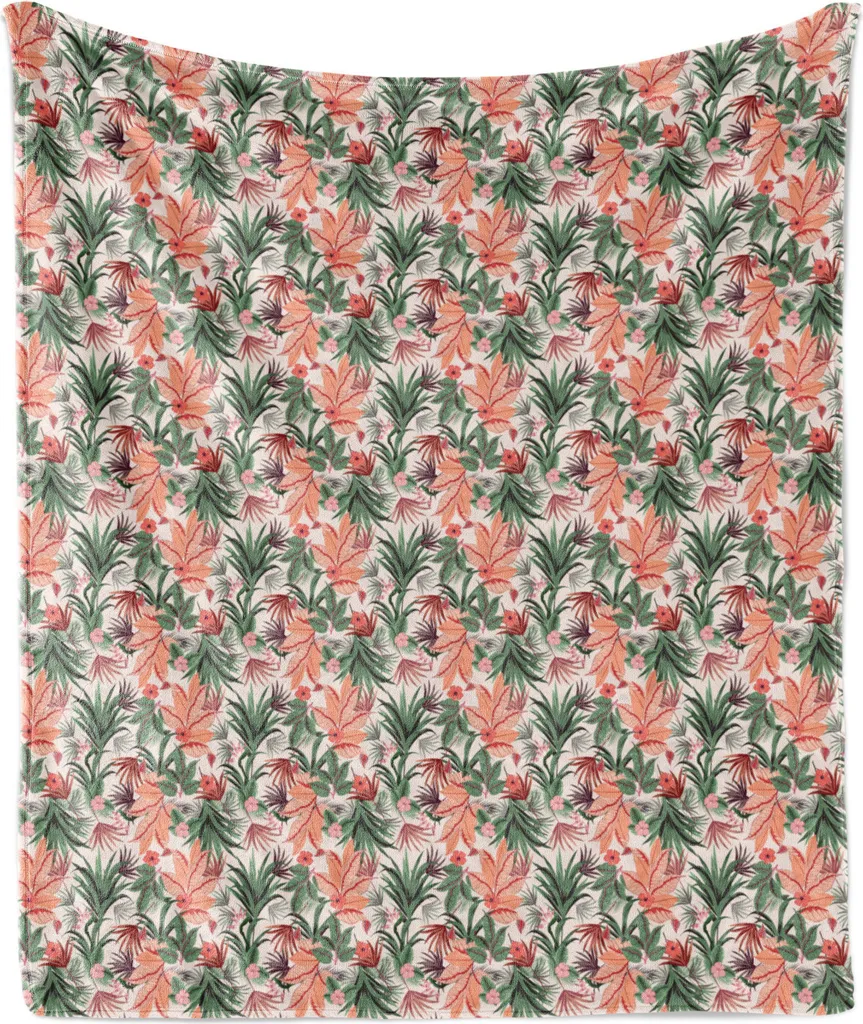 Coperta in morbido pile di flanella botanico ABAKUHAUS, tema naturale con motivo a foglie assortite e stampa colorata di piante tropicali, 175 x 230 cm, verde reseda e salmone