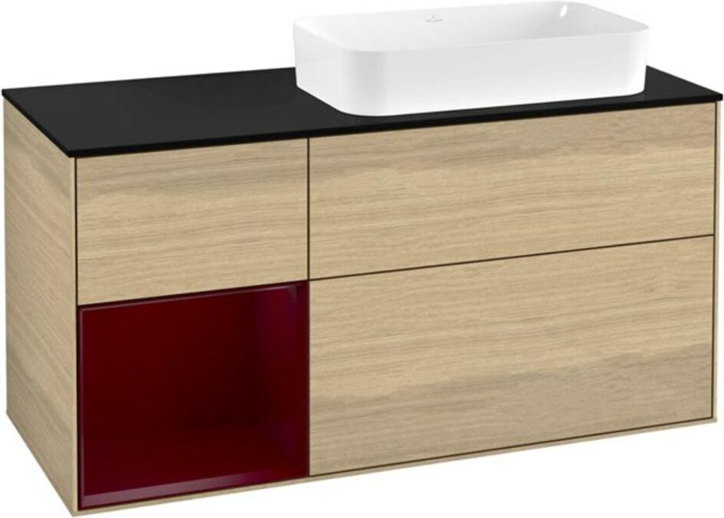 V&B Waschtischunterschrank Wandbeleuchtung Finion 120x60 cm, Regal links Peony, Oak Veneer