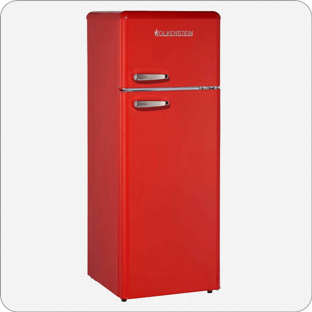 A red retro-style refrigerator is shown against a white background.