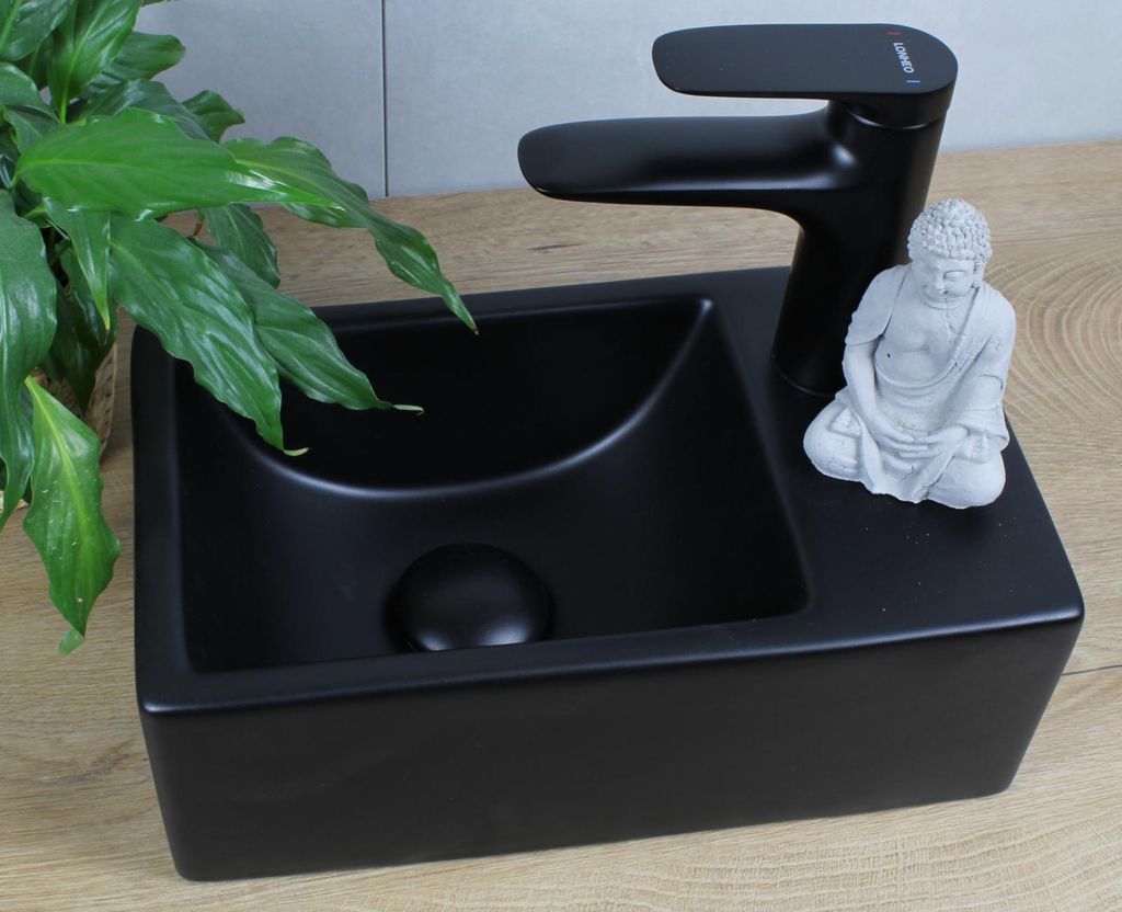 Keramik Waschbecken rechteckig 355x205x125 schwarz matt ohne Überlauf Aufsatzwaschbecken mit Pop-Up Ablauf schwarz-matt