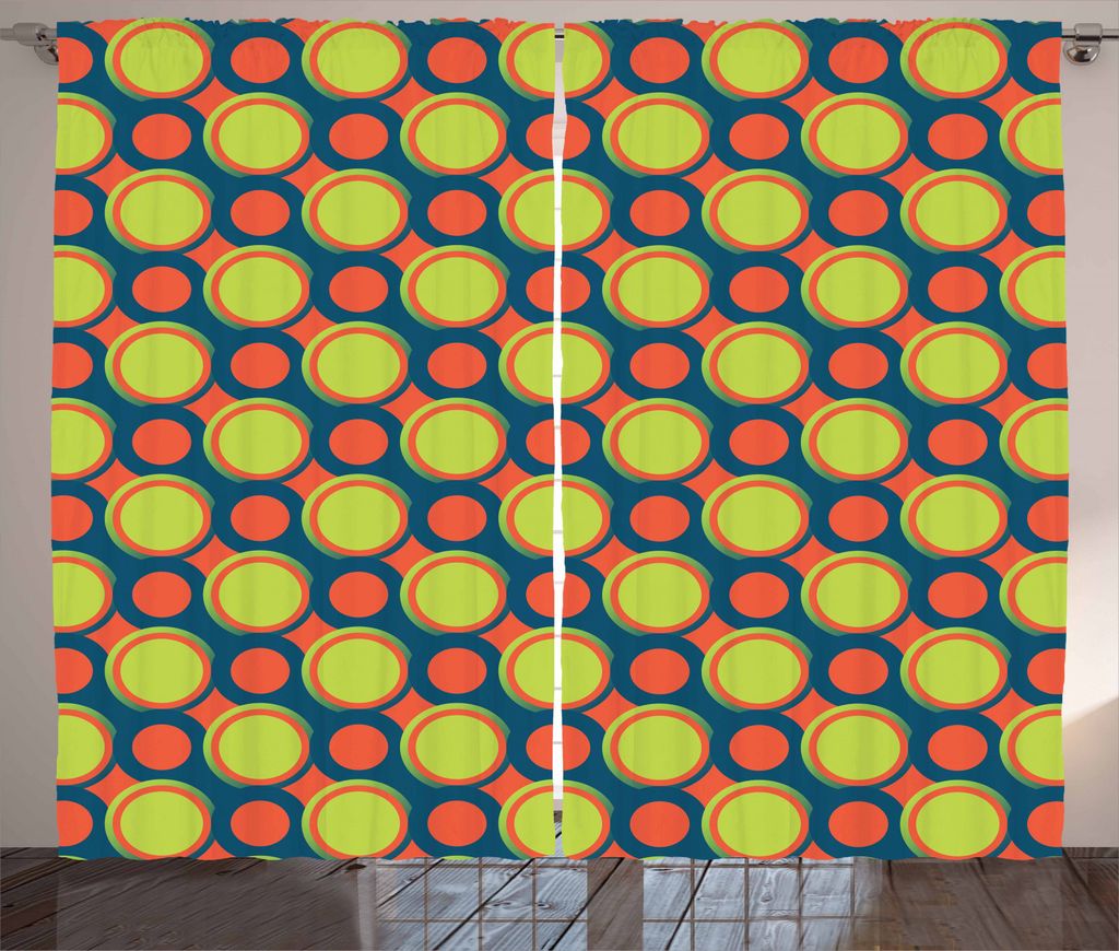 ABAKUHAUS Retro Rustikaler Gardine, Orange und grüne Kreise, Schlafzimmer Kräuselband Vorhang mit Schlaufen und Haken, 280 x 245 cm, Gelb Grün O...
