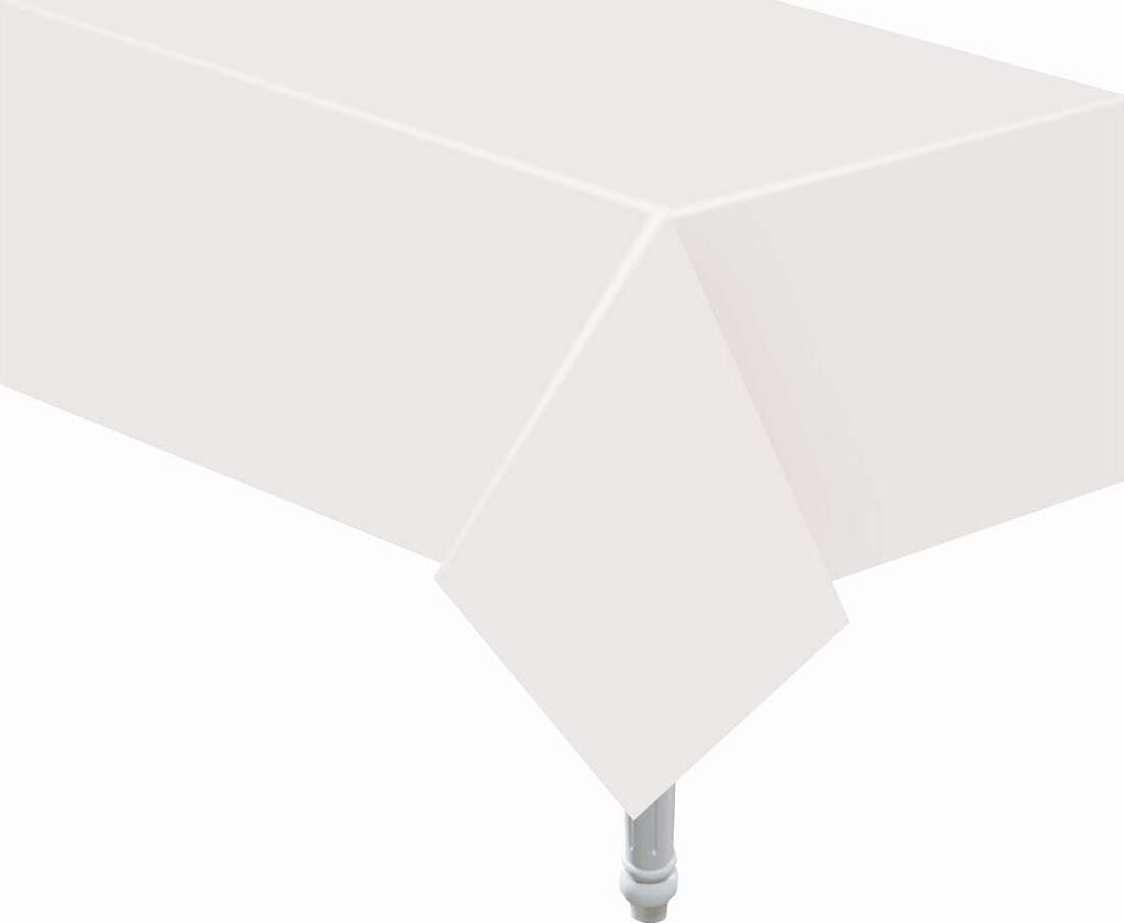 A white tablecloth draped over a table, showing the corner and one side hanging down.
