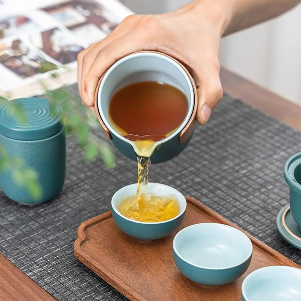 Mini service à thé portable vert, théière et tasses avec étui de voyage