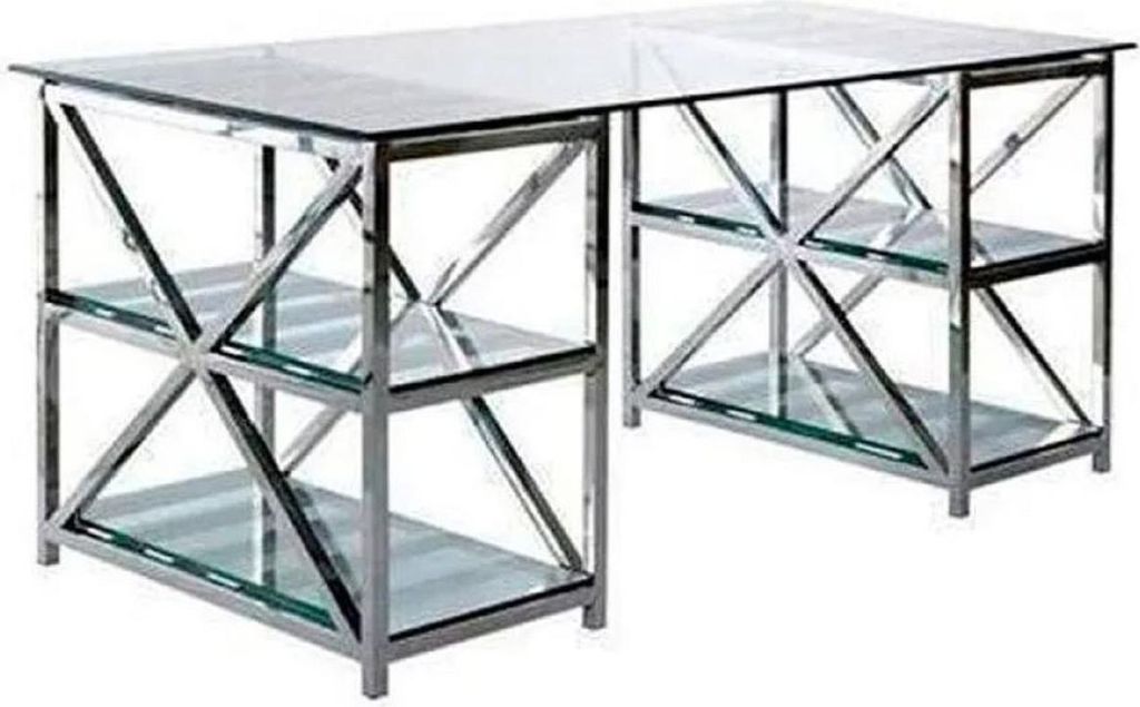 Casa Padrino Luxus Schreibtisch Silber 175 x 79 x H. 76 cm - Metall Bürotisch mit Glasplatten - Computertisch - Luxus Büro Möbel