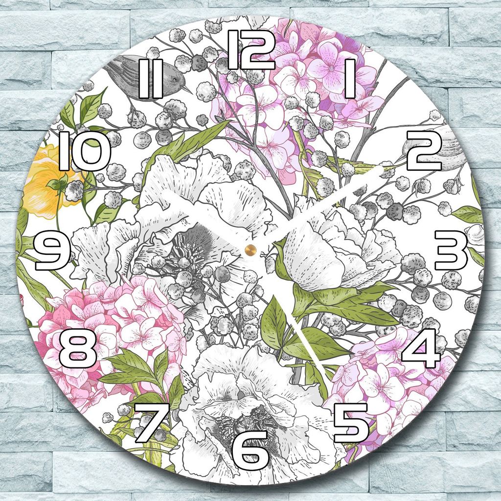 Wanduhr aus Glas Rund fi 30 Vögel und Blumen Quarz Deko Wohnzimmer Büro