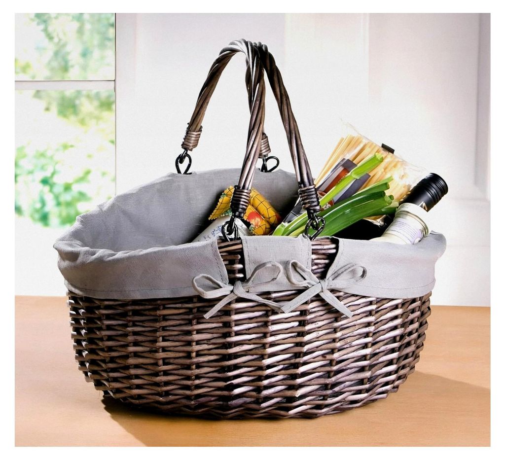 Moderner Einkaufskorb aus geflochtener Weide, grau, oval, mit umlegbaren Henkeln, stapelbar