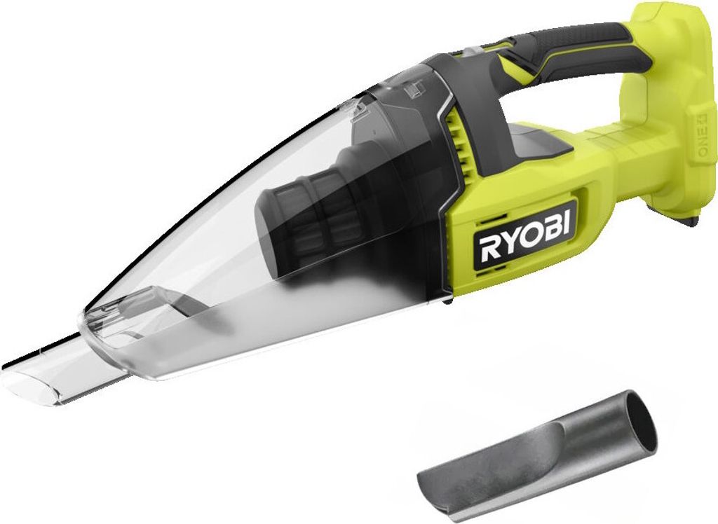 A Ryobi cordless handheld vacuum cleaner and an accessory nozzle are shown against a white background.