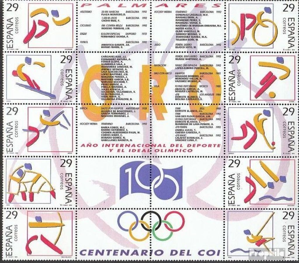 Briefmarken Spanien 1994 Mi 3182-3191 Zwanzigerblock (kompl.Ausg.) postfrisch Goldmedaillengewinner