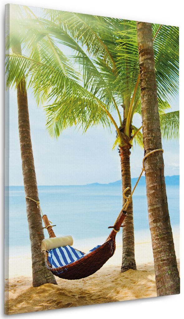 Wallario Premium Leinwandbild Hängematte in der Karibik in Größe 60 x 90 cm