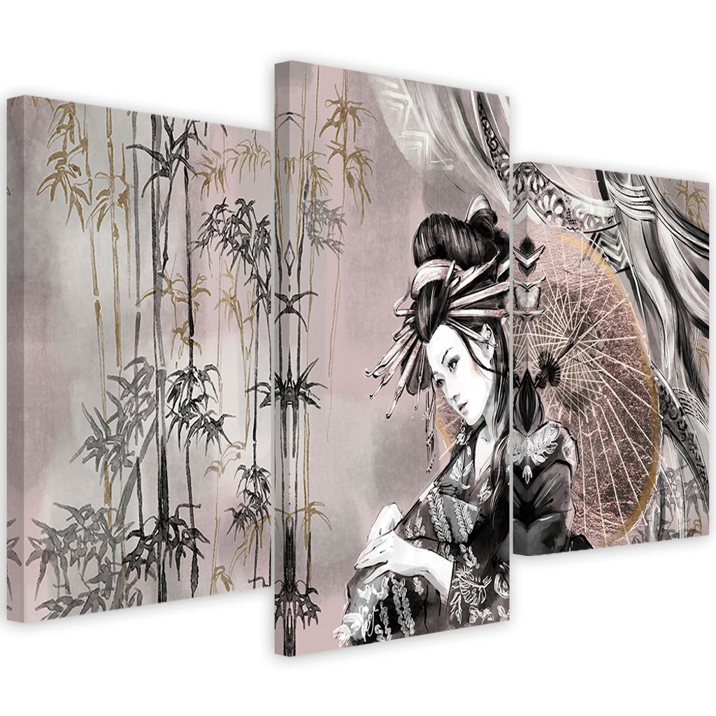 Triptychon auf leinwand geisha und bambus 150x100 cm Feeby silber wandbild bereit zum aufhängen