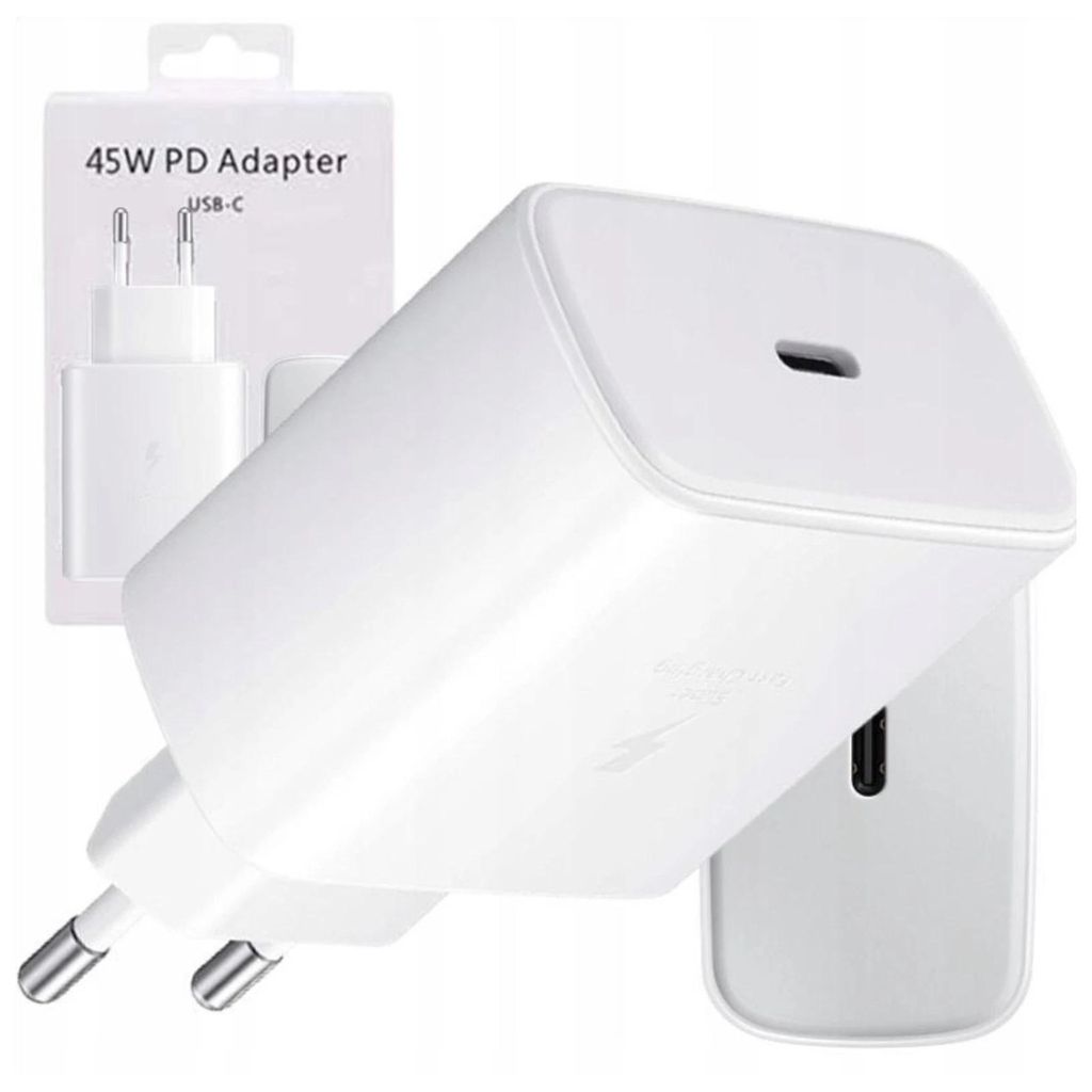 A white Samsung 45W PD adapter with a USB-C port and European plug is shown in packaging.