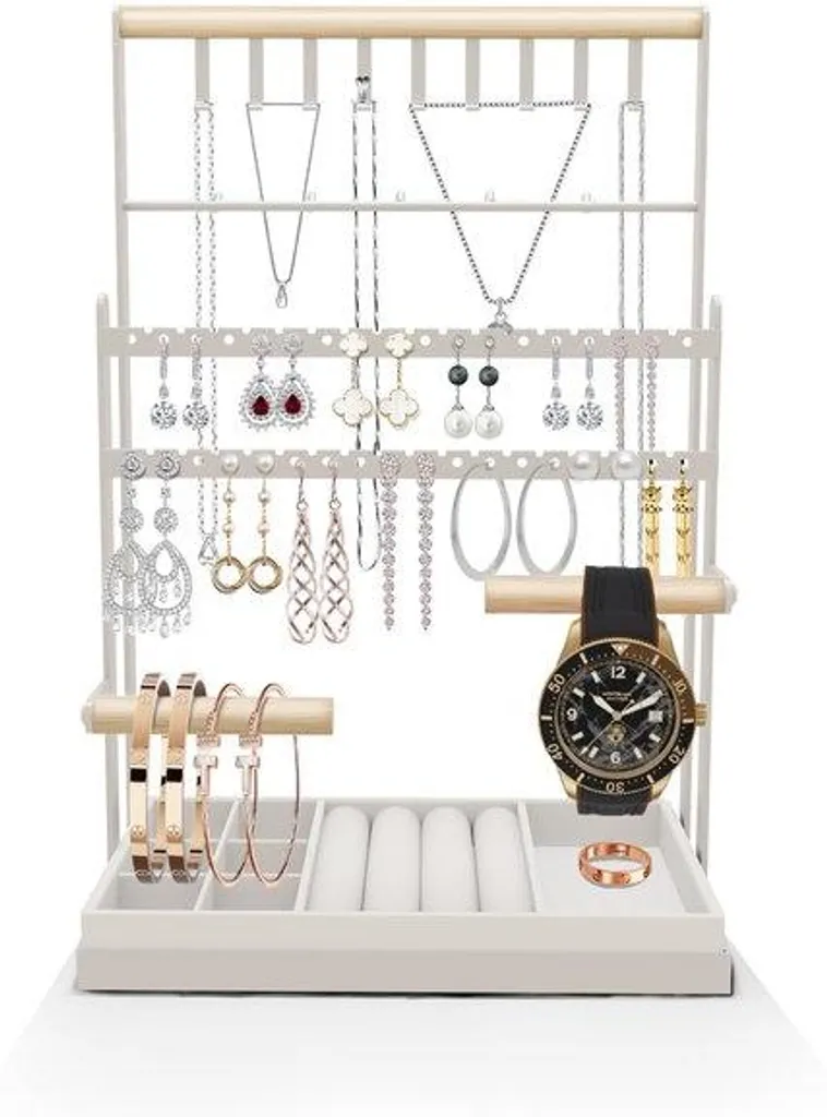 Organiseur bijoux vertical 7 niveaux, porte-collier et support boucles