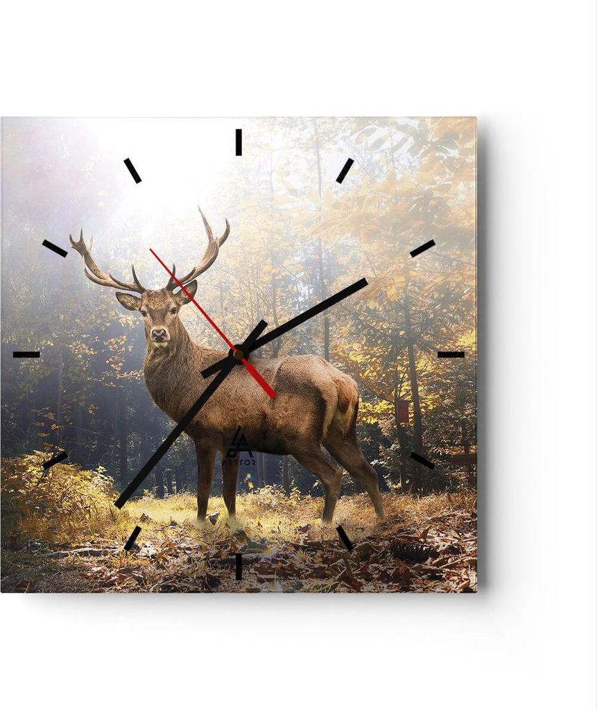Wanduhr - Quadrat - Glasuhr - Licht Hirsch Wald - 30x30cm - Schleichendes Uhrwerk - Lautlos - zum Aufhängen bereit - Dekoration Modern - Wanddekor...
