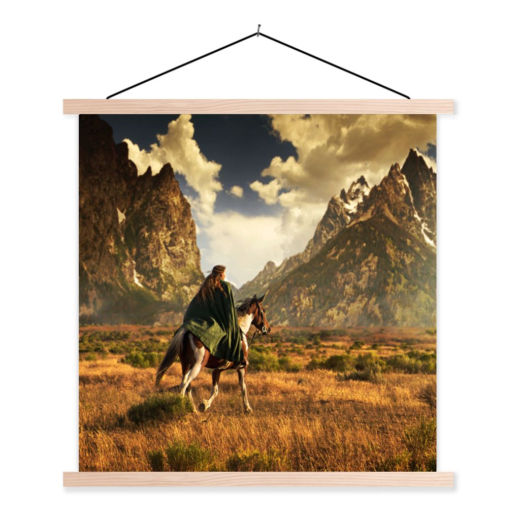 MuchoWow Textilposter Pferd - Reiter - Natur 40x40 cm mit holzfarbenen Rahmen - Posterleiste