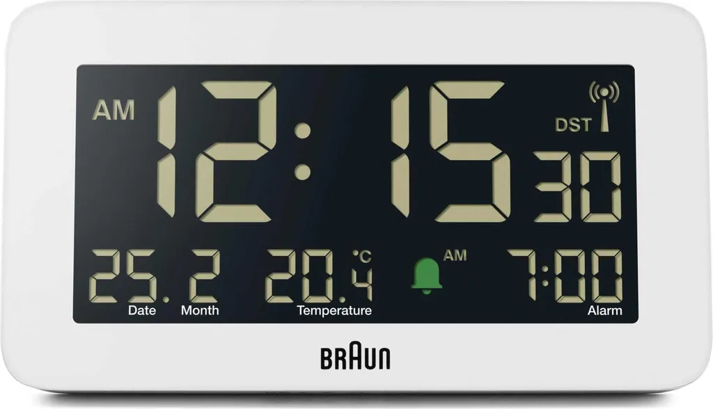 Réveil de Table Braun BC10 Blanc pour Bureau et Chambre - Écran LCD et Heure 24h