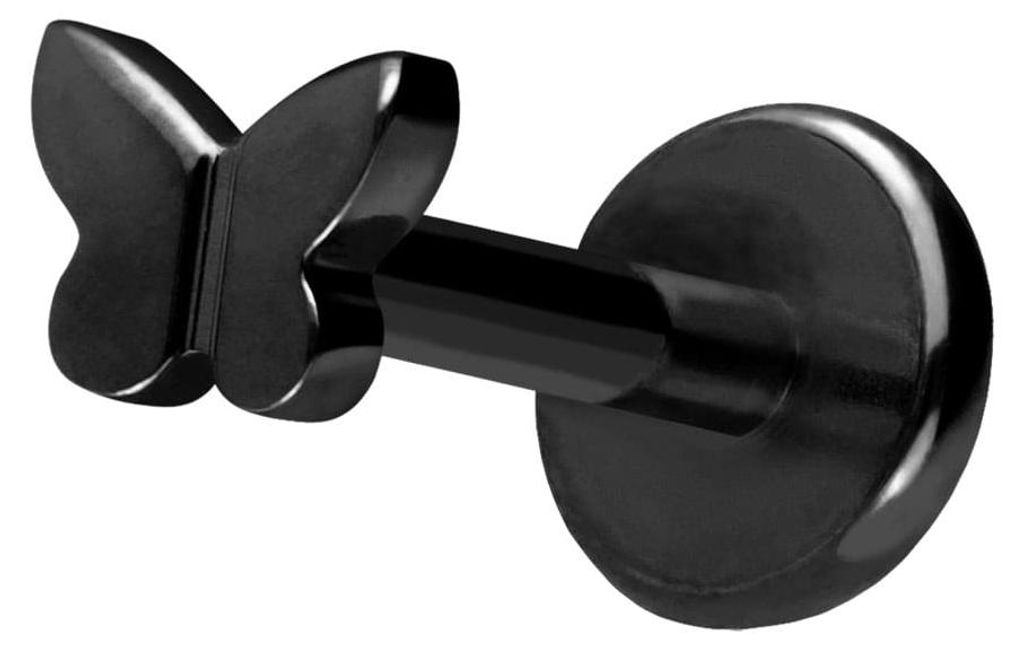 Ohrpiercing, Nasenpiercing Titan Labret mit Push Fit SCHMETTERLING Schwarz Stablänge: 7mm | Stabstärke: 1mm | Discgröße: 3,5mm