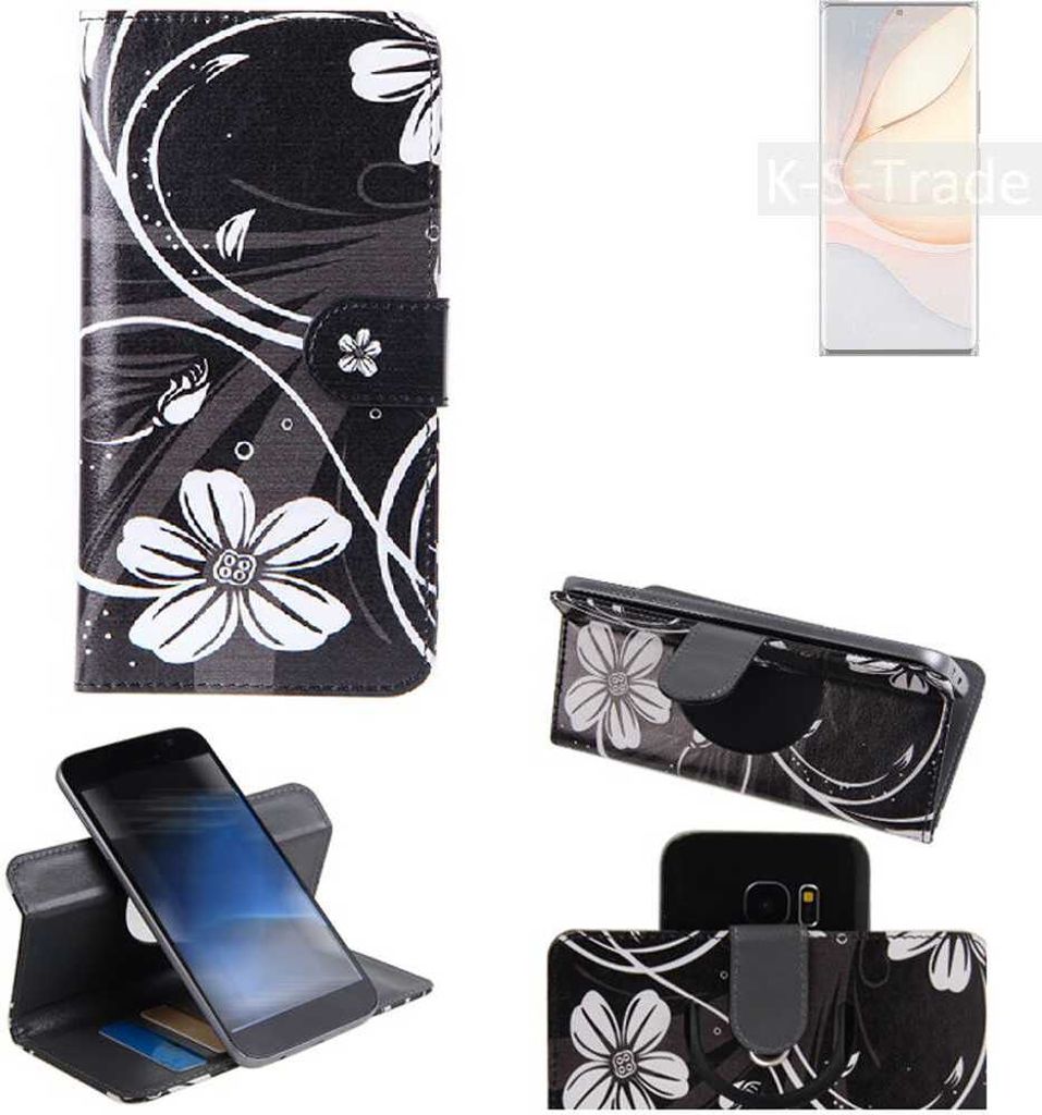 K-S-Trade Schutzhülle Handyhülle kompatibel mit nubia Z40 Pro Gravity Edition Hülle 360° Wallet Case ''Flowers'' Klapphülle Hülle schwarz-weiß