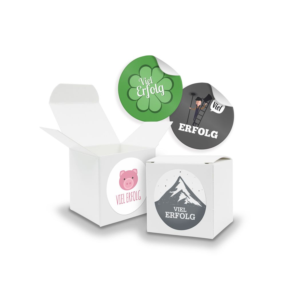 SET Viel Erfolg Mix (Motiv42) 24x Faltschachtel Würfel 5cm weiß + Sticker
