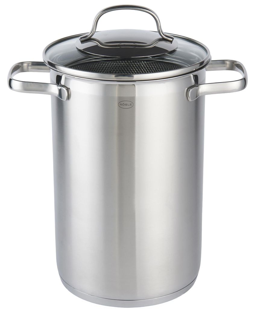 RÖSLE ELEGANCE Spargel- und Pastatopf, Edelstahl 18/10, mit Glasdeckel und Siebeinsatz, 4,5 Liter, spülmaschinen- und induktionsgeeignet