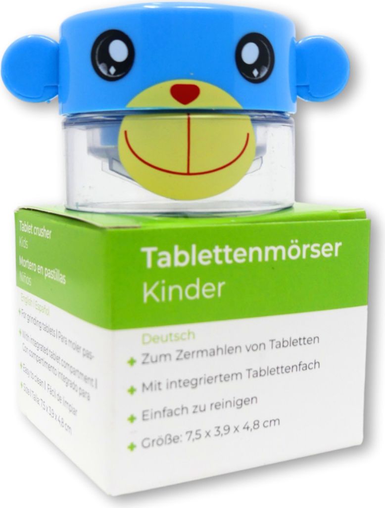LisaCare Tablettenteiler Affe Blau - Tablettenmörser - Pill Crusher für Kinder mit Pillendose klein - Für unterwegs und Zuhause - Alltagshilfe