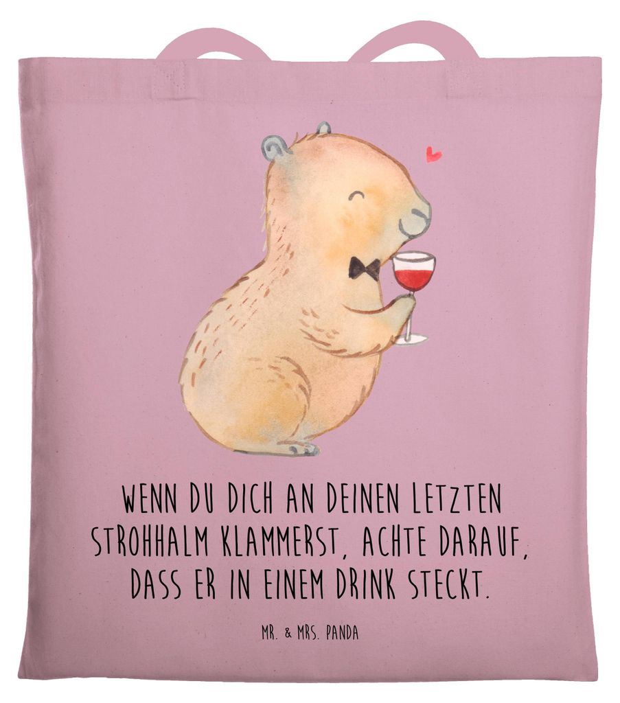 Mr. & Mrs. Panda Shopping Tasche Capybara Wein - Rosa Pastell - Geschenk, Jutebeutel, Tote Bag, Zeichnung, Weinflasche, Spaßbild, totebag, für We...
