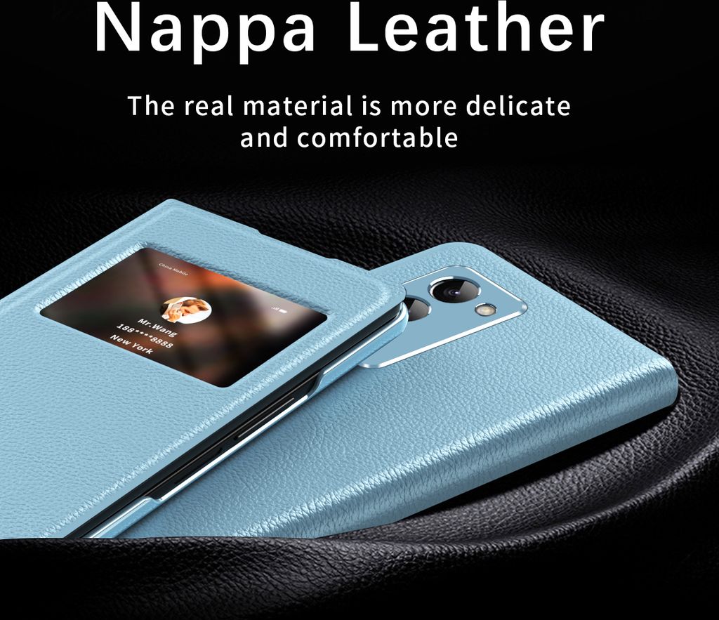 Galaxy Z Fold2 Hülle, Schlank Flip Leder View-Fenster Schutzhülle mit Standfunktion für Samsung Galaxy Z Fold 2 5G Litschi Blau