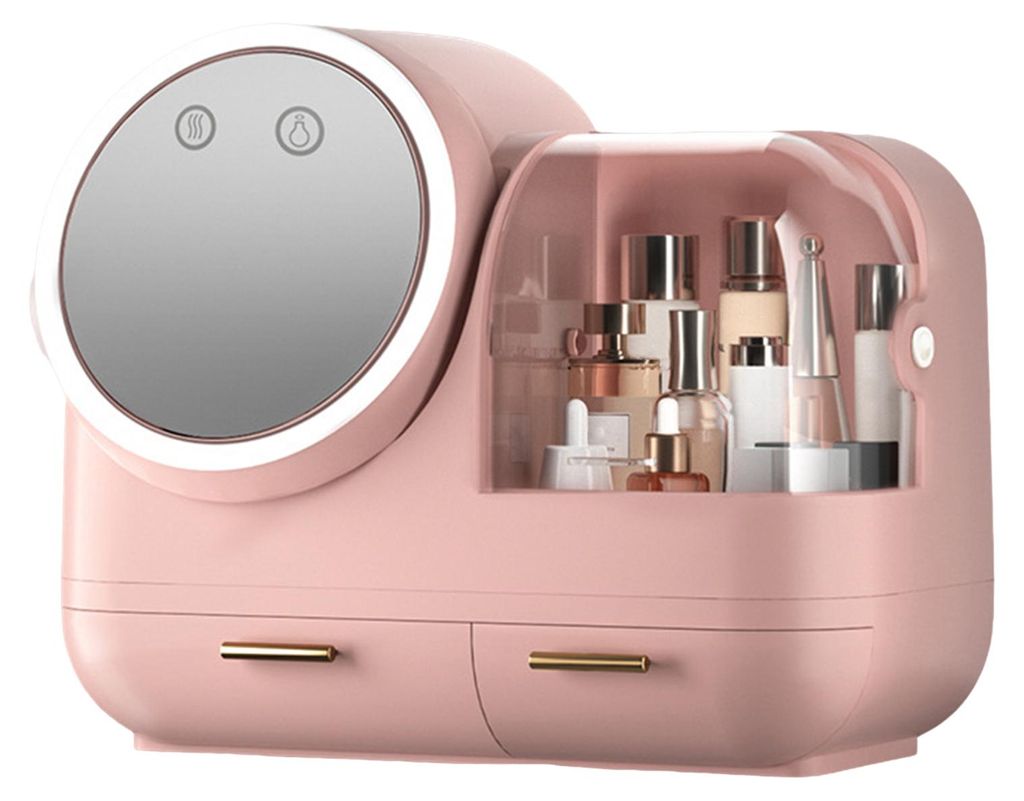 Staubdichte Make-up-Aufbewahrungsbox mit LED-Spiegel, großem Fassungsvermögen und mehreren Fächern, ideal als Organizer für die Arbeitsplatte