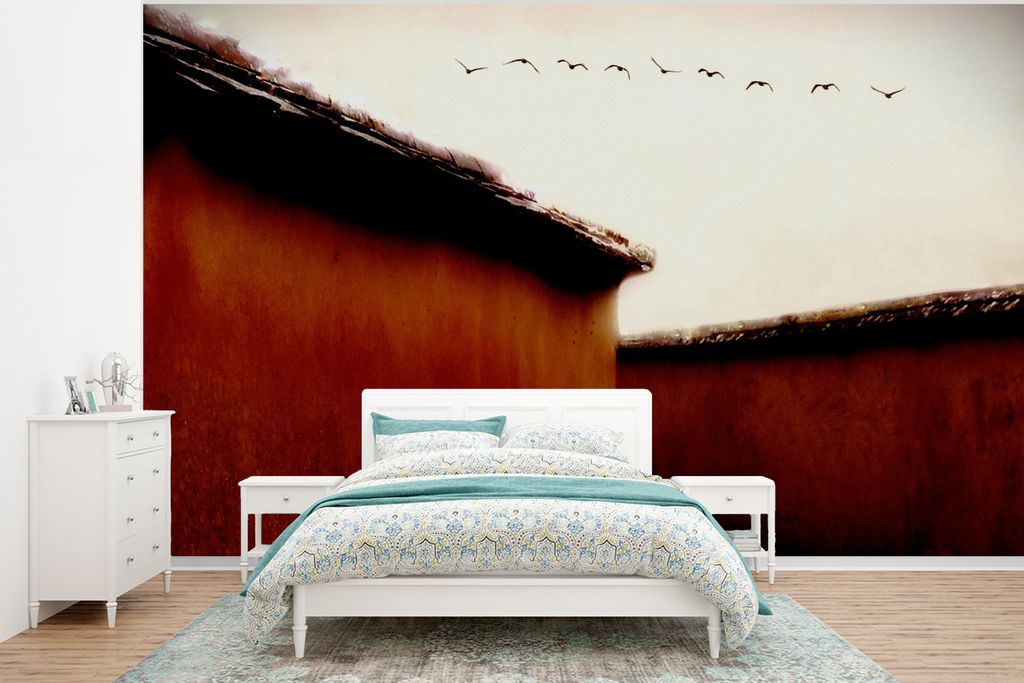 MuchoWow Fototapete für Wohnzimmer oder Schlafzimmer Wandtapete Vinyl Motivtapete Tiere - Vögel - Häuser - Rot - 350x260 cm - Wohnzimmer-Tapete