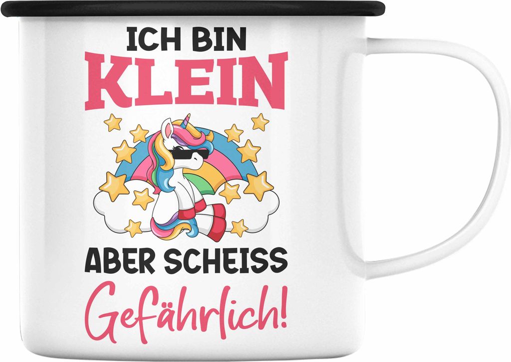 Trendation - Klein Aber Sch Gefährlich Lustige Einhorn Emaille Tasse mit Spruch Geschenkidee Einhornfans Sprüche Frauen (Schwarz)