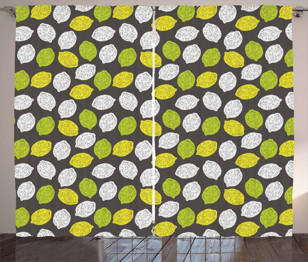 ABAKUHAUS Zitronen Rustikaler Gardine, Ordentlich Gekritzelte Frucht, Schlafzimmer Kräuselband Vorhang mit Schlaufen und Haken, 280 x 225 cm, Gelb...
