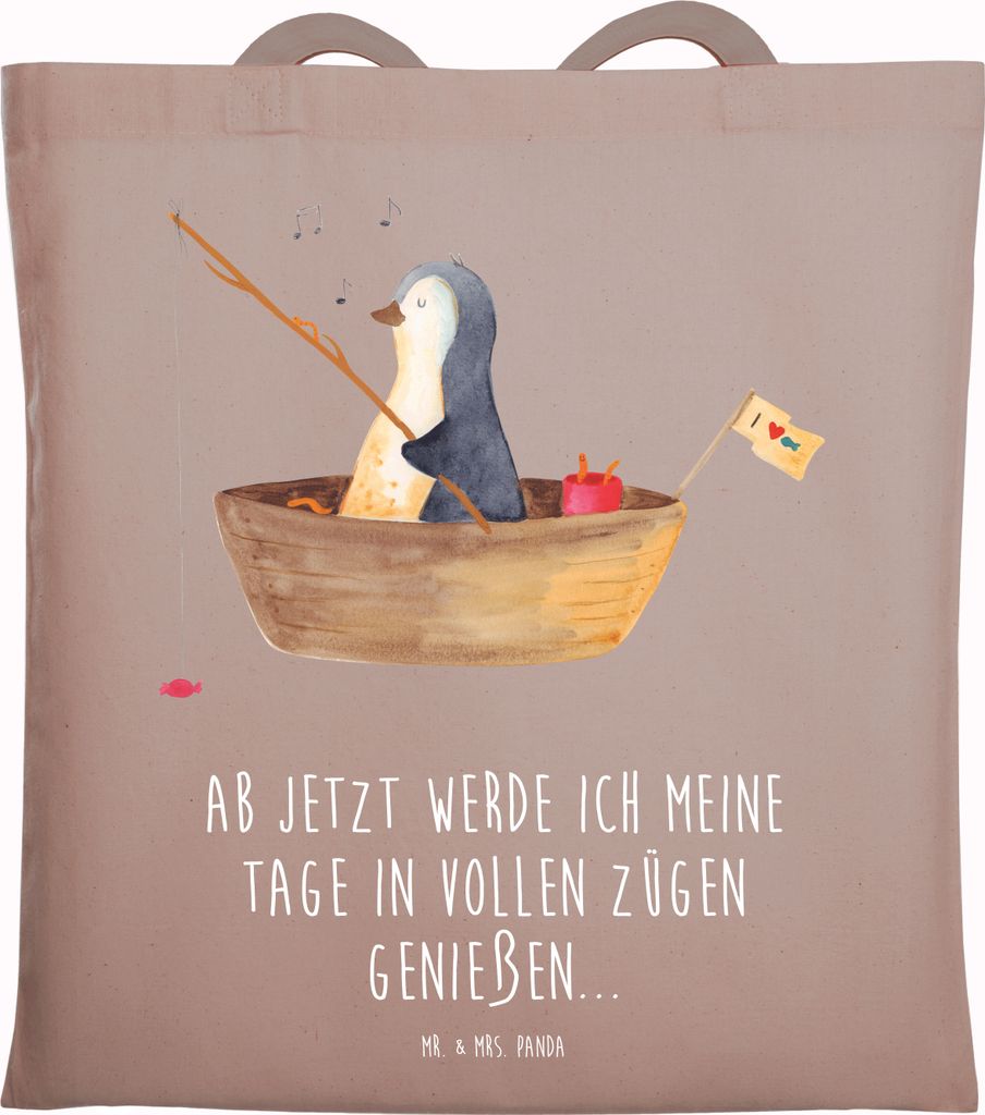 Mr. & Mrs. Panda Schultasche Pinguin Angelboot - Braun Pastell - Geschenk, Einkaufstasche, Boot, Leben, Shopping Tasche, Stoffbeutel, Tote Bag, Ang...