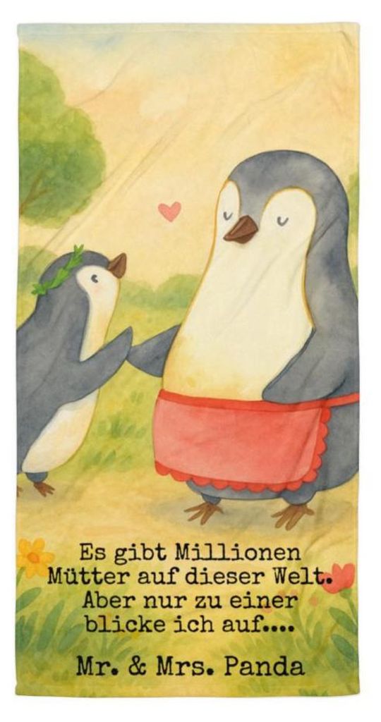 Mr. & Mrs. Panda XL Badehandtuch Pinguin mit Kind Design - Weiß - Geschenk, Pinguine, Duschtuch, Strandtuch, Muttertag, Frottee-Handtuch, Großes,...