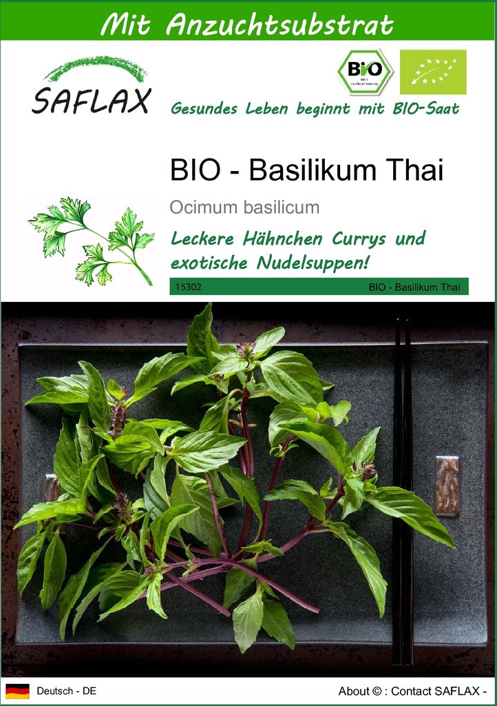 SAFLAX - BIO - Basilikum Thai - 250 Samen - Mit keimfreiem Anzuchtsubstrat - Ocimum basilicum