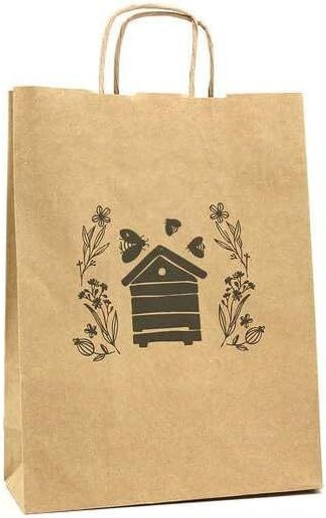 4BEE Papiertüte mit Aufschrift – Einkaufstasche für Lebensmittel – Taschen für Imkereigeschäfte und Imker - Bienenstock - 10 Stück, 31,5x2...