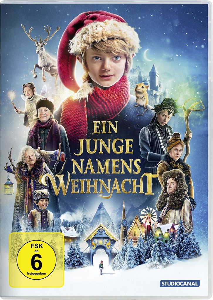 A movie poster for a Christmas-themed film titled 'Ein Junge namens Weihnacht' (A Boy Called Christmas). It features a young boy in a Santa hat and scarf as the central figure, surrounded by other characters and a snowy village scene.