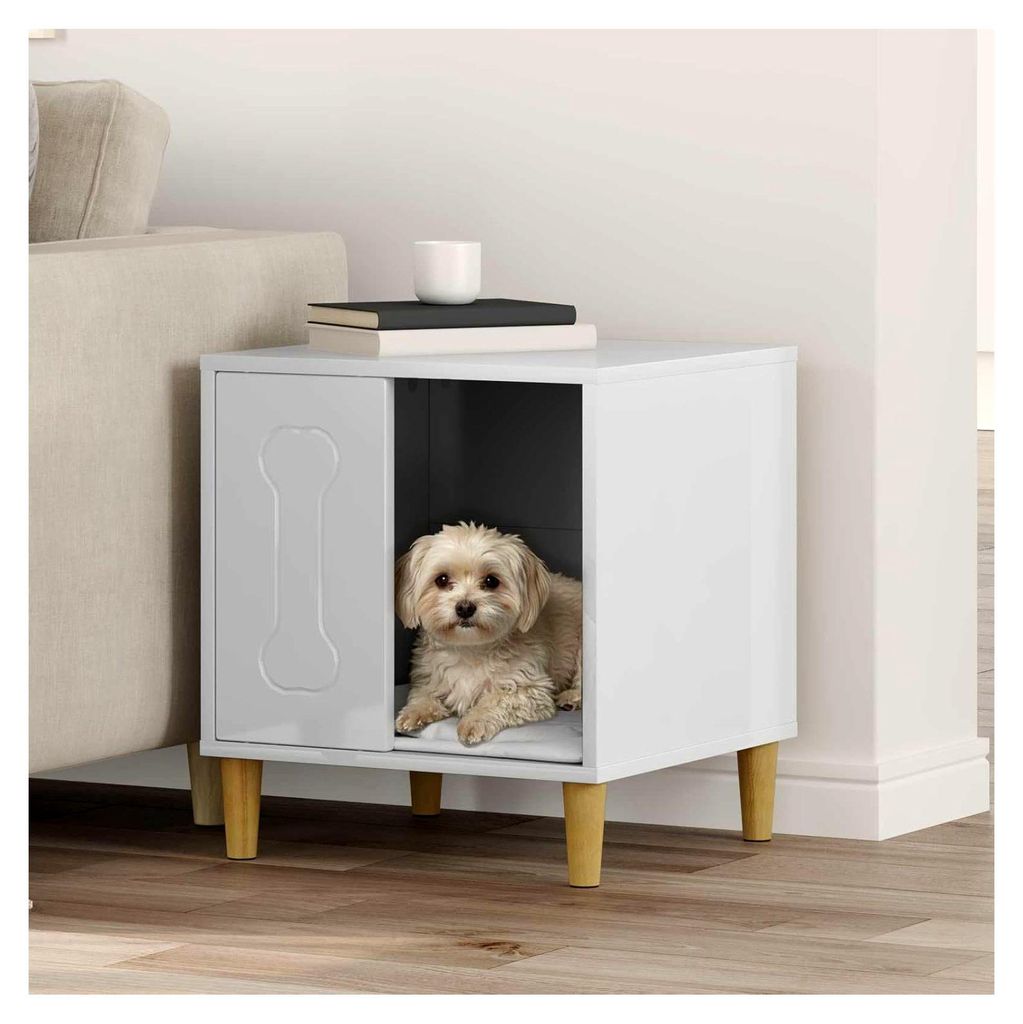 Hundehütte Glänzend Weiß 44 x 42 x 49 cm Holzwerkstoff, modernes Hundezuhause für das Wohnzimmer, rechteckiges Design, robuster Unterschlupf
